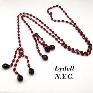 Vintage Red Crystal Necklace, Lydell NYC, Lariat Tassels Black End Pieces, 48 In